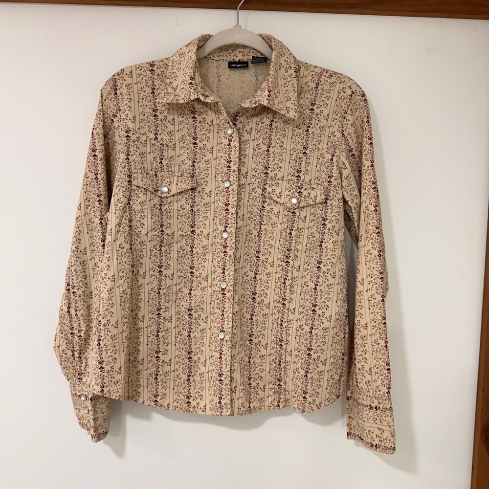 Tangents Floral Stripe Western Snap Shirt Womens Large Tan Pearl Snap | Western